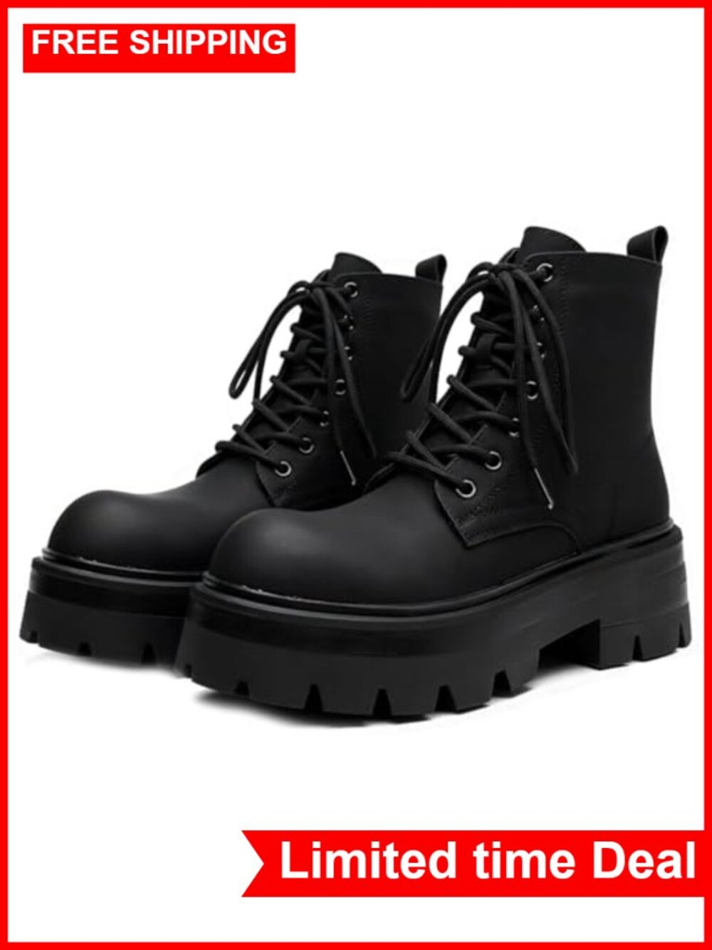 Men's Leather Lace-Up Platform Combat Boots Side Zipper Lug Sole Ankle Boots
